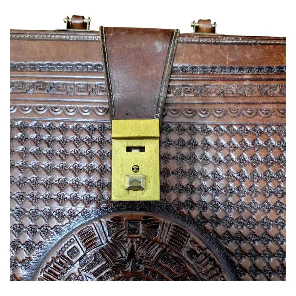 Vintage Mexican Hand Tooled Leather Briefcase Aztec Warrior Eagle Calendar Brown